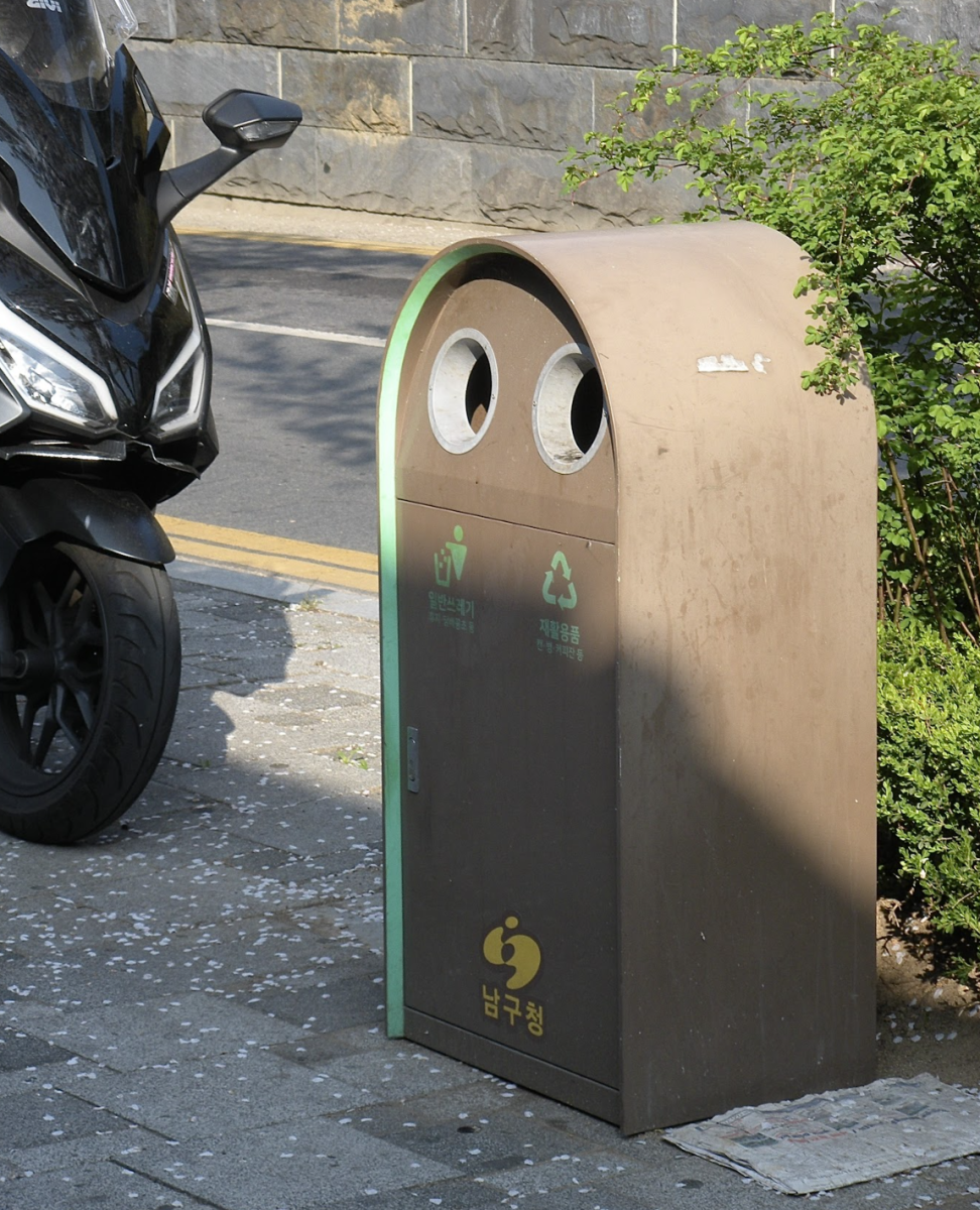 A lone bin stands surrounded by fallen cherry blossom petals. Trash cans are often hard to find—it took nearly ten minutes just to find this one.  